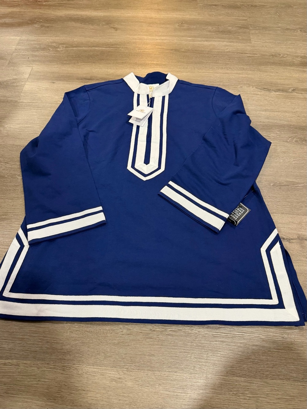 Navy Blue Women's Tunic Blouse with White Trim